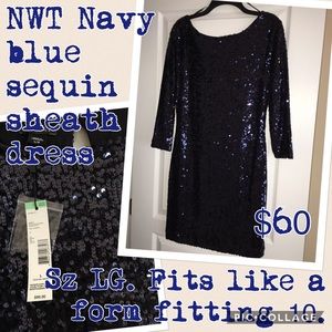Navy sequin sheath dress. Sz LG. NWT.